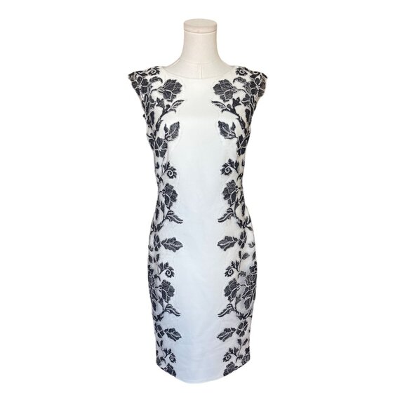 Tadashi Shoji Lace Cocktail White Sheath Dress Size 6 Black Floral Formal Short - Picture 1 of 9
